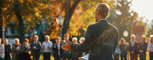 A male politician is delivering a speech outdoors, addressing a gathering of political party members. photo
