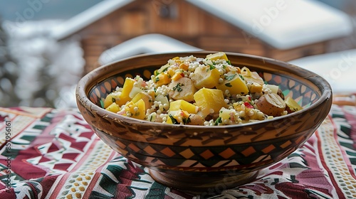 A dish of Montenegrin kacamak with cornmeal, potatoes, and cheese, served in a traditional bowl, photographed with a backdrop of the snowy Montenegrin mountains photo