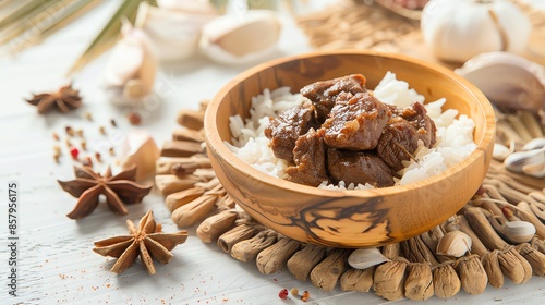 A dish of Omani shuwa with slowcooked marinated lamb, served with fragrant rice, placed on a wooden platter, photographed in an Omani desert with sparse mangrove trees
