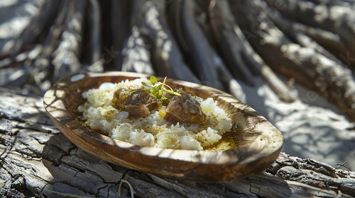 A dish of Omani shuwa with slowcooked marinated lamb, served with fragrant rice, placed on a wooden platter, photographed in an Omani desert with sparse mangrove trees photo