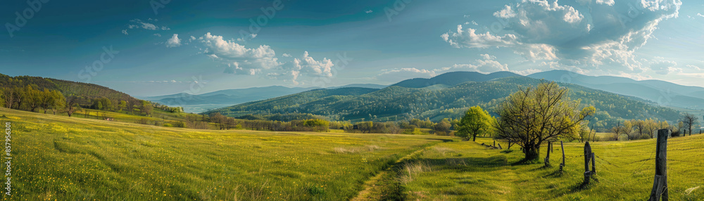 Fototapeta premium A panoramic view of the beautiful countryside on a sunny afternoon. landscape wonderful springtime scenery in the mountains, with a grassy field and rolling hills, a picturesque rural scenery.