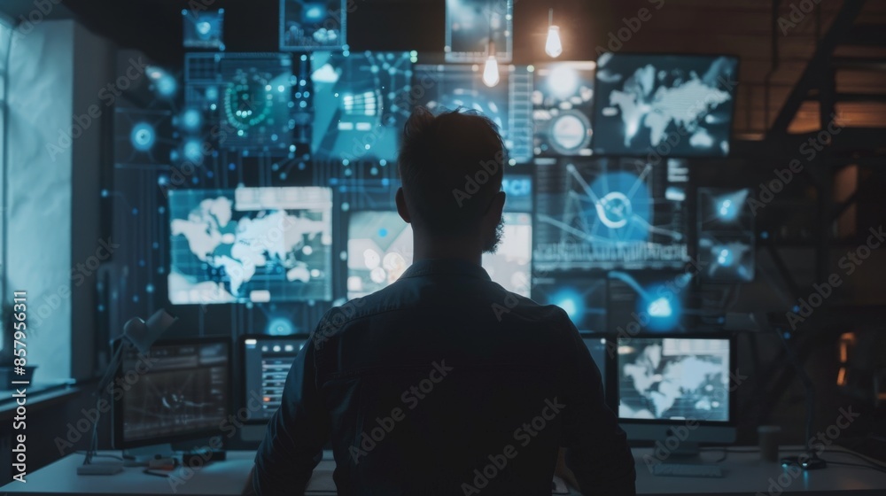 Man working on multiple floating digital screens in a dark office Man working on multiple floating digital screens in a dark office