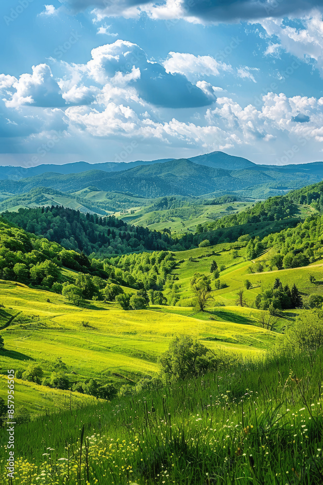 Fototapeta premium A panoramic view of the beautiful countryside on a sunny afternoon. landscape wonderful springtime scenery in the mountains, with a grassy field and rolling hills, a picturesque rural scenery.