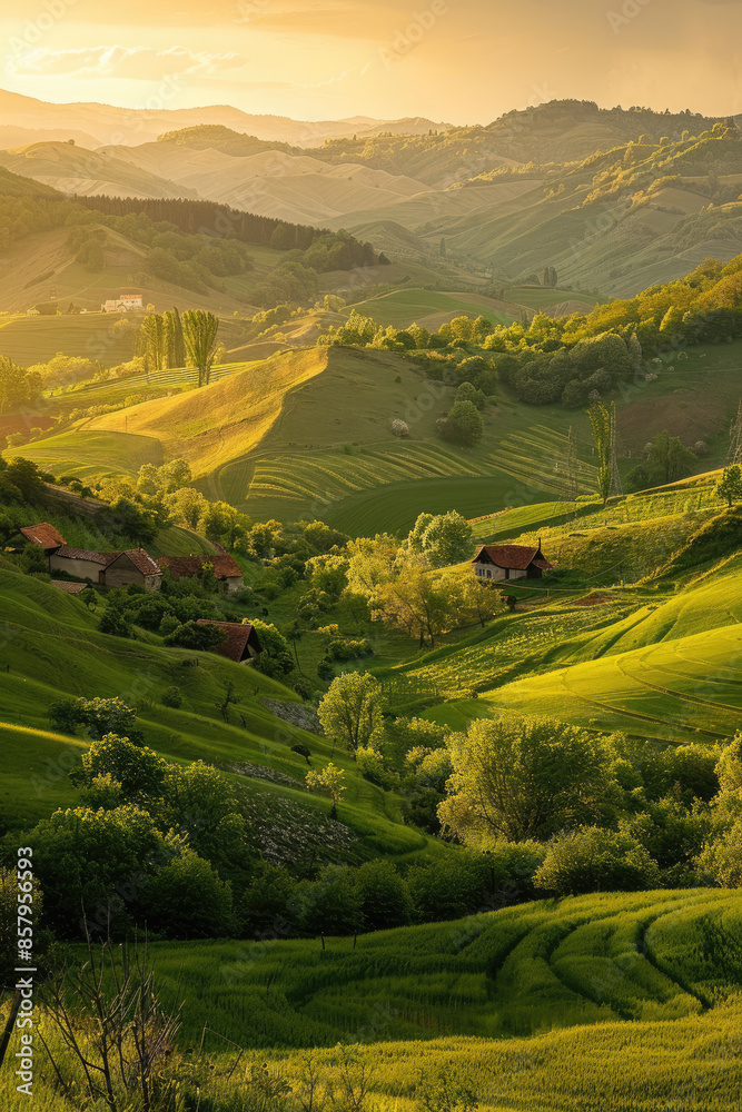 Fototapeta premium A panoramic view of the beautiful countryside on a sunny afternoon. landscape wonderful springtime scenery in the mountains, with a grassy field and rolling hills, a picturesque rural scenery.