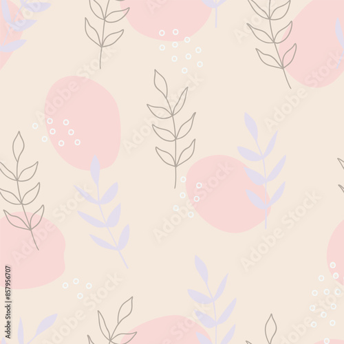 Vector simple seamless pattern with twigs and pink abstract spots on beige background. For wallpapers and decor, invitation card, fabric print or textile, linen, web page background, wrapping paper.