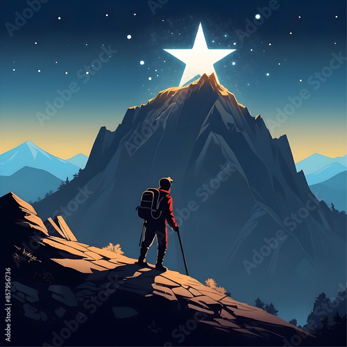 Reaching for the Stars: A lone hiker stands on a mountain peak, gazing up at a brilliant star shining above, symbolizing ambition, determination, and the pursuit of dreams.  