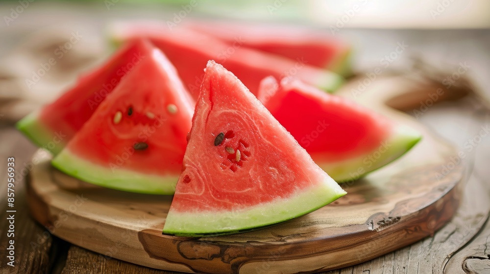 Fresh and juicy watermelon slices arranged on a rustic wooden board, highlighted against a soft, blurred background Fresh and juicy watermelon slices arranged on a rustic wooden board, highlighted against a soft, blurred background