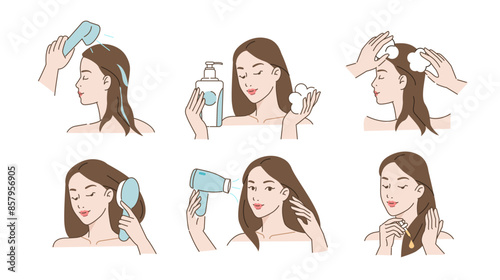 Haircare set. Collection of girl washing, drying with hairdryer, brushing her hair with comb and use treatment oil. Beauty and hygiene concept. Vector illustration.
