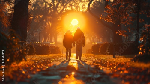 Elderly Couple Walking at Sunset. Elderly couple walking hand in hand through a park at sunset, surrounded by autumn leaves and golden light. © Old Man Stocker