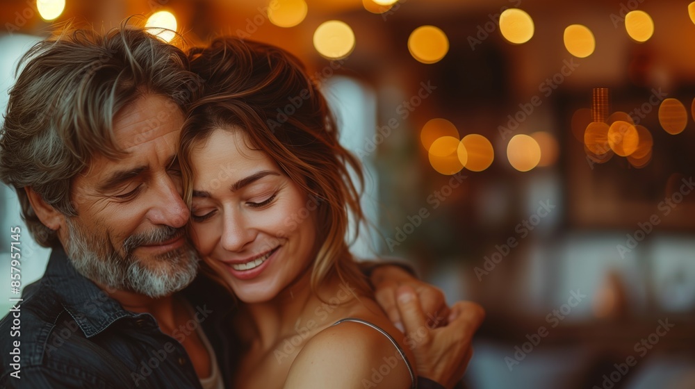 Happy Couple Embracing at Cozy Evening. Middle-aged couple embracing and smiling warmly in a cozy evening setting with ambient lights and intimate atmosphere. Happy Couple Embracing at Cozy Evening. Middle-aged couple embracing and smiling warmly in a cozy evening setting with ambient lights and intimate atmosphere.