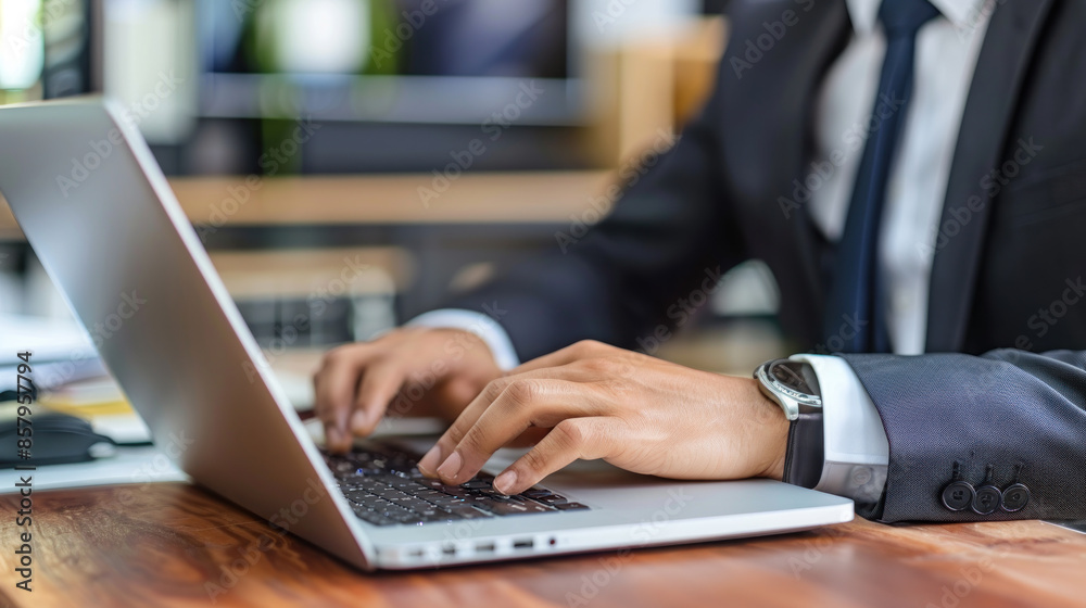 Businessman working on laptop in office. View of male hands typing on keyboard, using modern technology for business communication. Businessman working on laptop in office. View of male hands typing on keyboard, using modern technology for business communication.