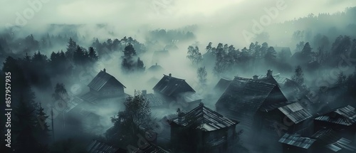 An abandoned village engulfed in dense fog as seen from above Depict the haunting emptiness and silence with a monochromatic color palette,