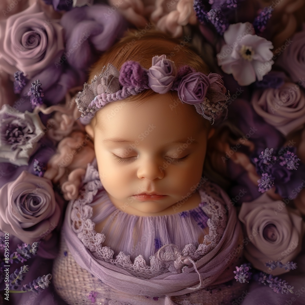Fototapeta premium A newborn baby in her photography session, a photograph taken from above, showing full body, the baby is wrapped in a purple fabric with real purple roses and lavender around her