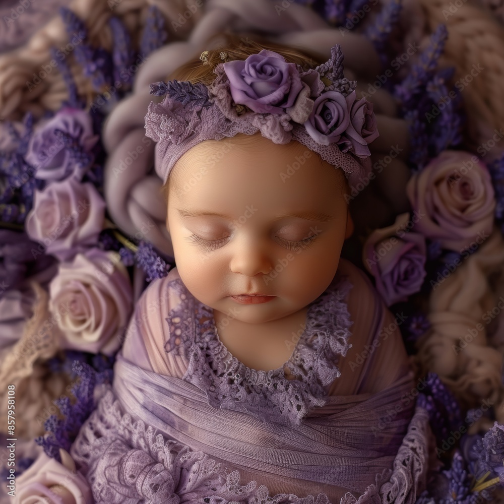 A newborn baby in her photography session, a photograph taken from above, showing full body, the baby is wrapped in a purple fabric with real purple roses and lavender around her A newborn baby in her photography session, a photograph taken from above, showing full body, the baby is wrapped in a purple fabric with real purple roses and lavender around her