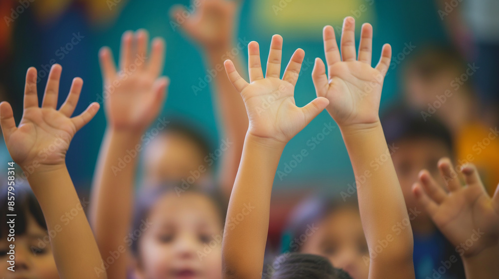 A lively classroom scene with children raising their hands in eagerness during a learning session, reflecting enthusiasm, active participation, and the joy of acquiring knowledge. A lively classroom scene with children raising their hands in eagerness during a learning session, reflecting enthusiasm, active participation, and the joy of acquiring knowledge.