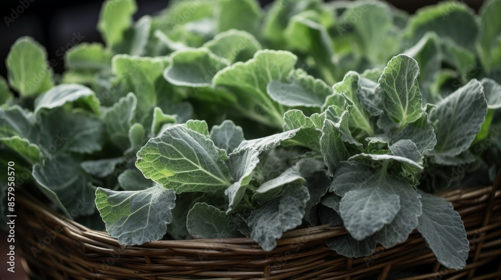 Dusty miller leaves in woven basket, displaying their shimmering silver color. Dusty miller leaves in woven basket, displaying their shimmering silver color.