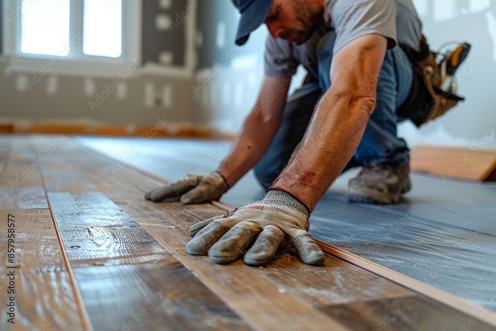A man installing floating floor A man installing floating floor