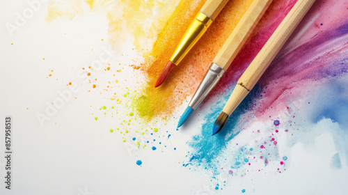 Three paintbrushes with yellow, blue, and red bristles creating colorful, vibrant splashes on a white canvas background, very visually appealing and artistic, perfect for design uses.