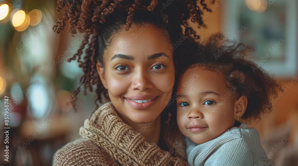black woman a mother, caucasian age 35-45 wearing a sweater, she is sitting with her daughter black woman a mother, caucasian age 35-45 wearing a sweater, she is sitting with her daughter