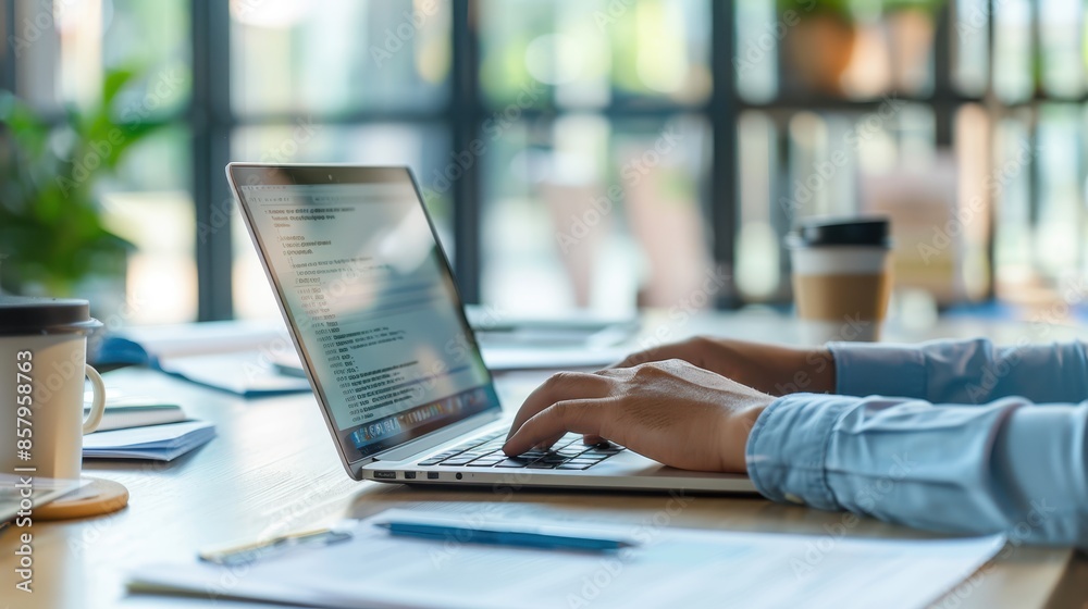 The hands typing on laptop