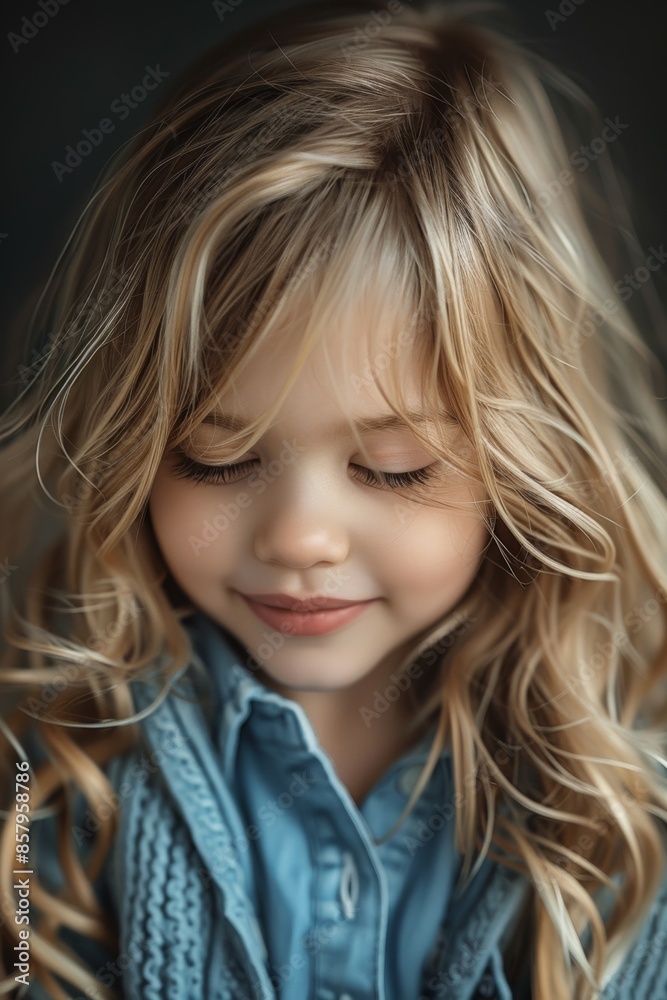 blonde haired blue girl child looking down, smiling blonde haired blue girl child looking down, smiling