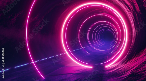 A mesmerizing scene featuring a tunnel illuminated with pink neon lights and concentric circles, creating a dynamic sense of futuristic motion and abstract adventure.