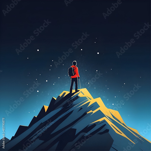 Reaching for the Stars: A lone hiker stands on the summit of a majestic mountain, silhouetted against a star-studded sky. The image evokes a sense of accomplishment, perseverance, and the limitless po