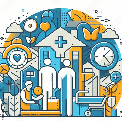 Hospital, boarding school, physiotherapy, elderly care service, long-term retirement stay, abstract metaphor of a holiday home. 