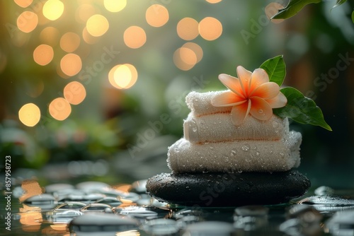 spa still life with towels and flower