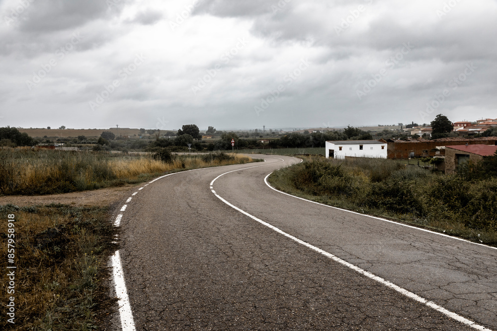 Fototapeta premium a paved road near Grimaldo, municipality of Canaveral, province of Caceres, Extremadura, Spain