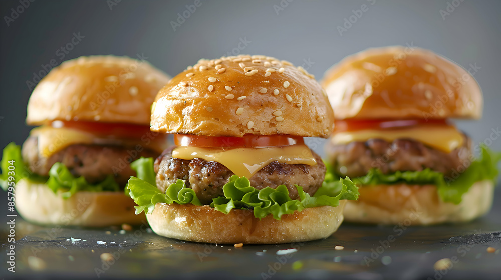 A trio of mini fast food vegan sliders with juicy patties, fresh lettuce, and melted cheese A trio of mini fast food vegan sliders with juicy patties, fresh lettuce, and melted cheese