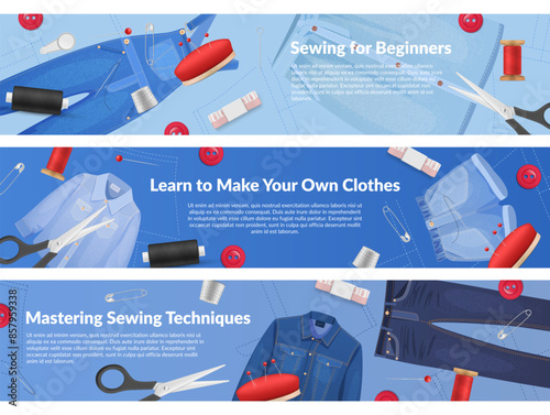 Sewing courses for beginners clothes sews horizontal banner design template set vector illustration