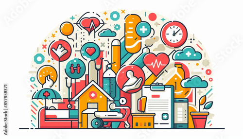 Hospital, boarding school, physiotherapy, elderly care service, long-term retirement stay, abstract metaphor of a holiday home. Simple composition, in color in colors yellow, red, green