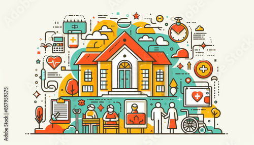 Hospital, boarding school, physiotherapy, elderly care service, long-term retirement stay, abstract metaphor of a holiday home. Simple composition, in color in colors yellow, red, green
