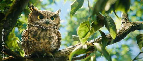 An aerial perspective of a stuffed owl perched on a tree branch amidst lush green foliage under a clear blue sky, photo
