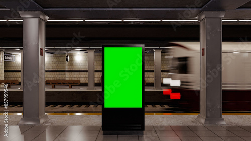 Empty billboard with a green screen for advertising on a subway station. 3D illustrator