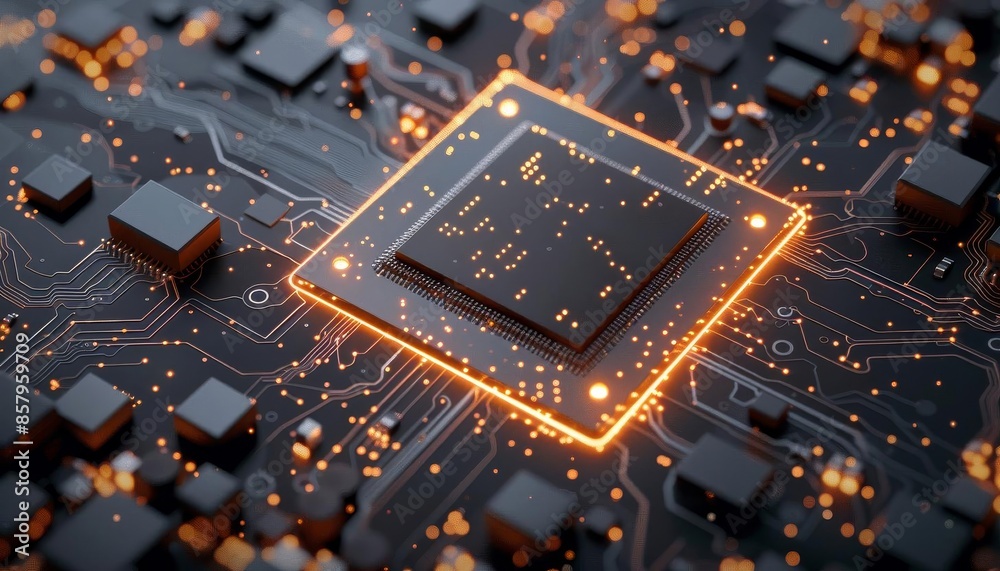 An AI concept with a closeup of a computer chip on a dark background An AI concept with a closeup of a computer chip on a dark background