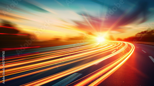 light trails road sunset, panoramic view. Journey speed and motion, driving fast highway. Illuminated vehicle curve twilight, scenic urban scene. Long blur traffic, asphalt path.