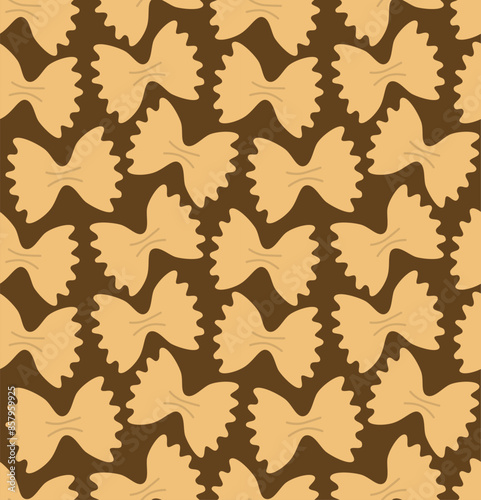 Seamless pattern with farfalle pasta in brown background. Vector cartoon backdrop in flat style.	