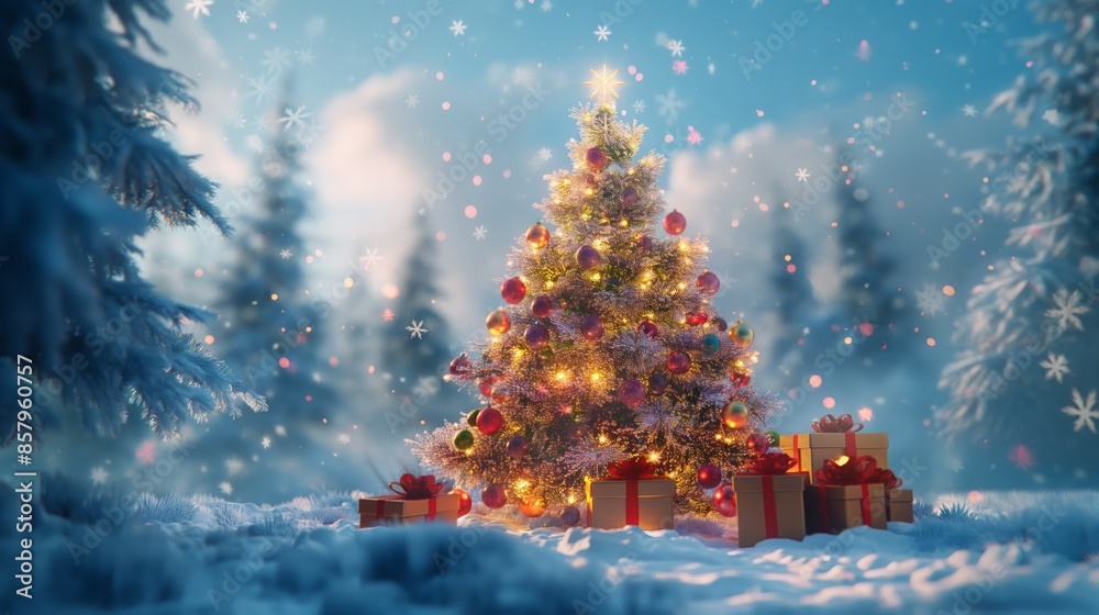 A magical Christmas tree, richly adorned with sparkling ornaments and golden lights, stands majestically in a snowy landscape surrounded by gifts. A magical Christmas tree, richly adorned with sparkling ornaments and golden lights, stands majestically in a snowy landscape surrounded by gifts.