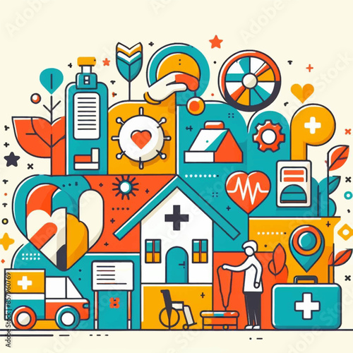 Hospital, boarding school, physiotherapy, elderly care service, long-term retirement stay, abstract metaphor of a holiday home. Simple composition, in color in colors yellow, red, green