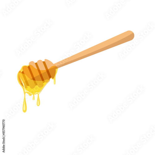 Liquid honey dripping from wooden dipper. Honey drop, sticky syrup wood spoon on an isolated background.