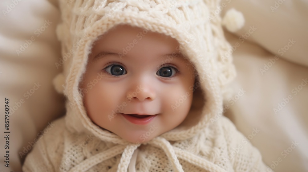Infant in sweet knitted hat, warm and charming Infant in sweet knitted hat, warm and charming