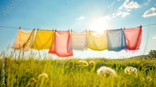 Colorful laundry drying in nature