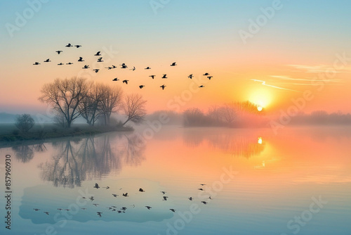Vogelschwarms über See bei Sonnenuntergang