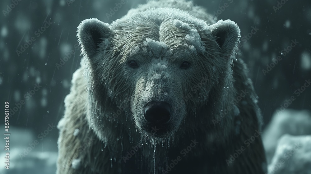 A majestic bear peers intently through a veil of falling snow, its fur frosted by the chilling whisper of winter. A majestic bear peers intently through a veil of falling snow, its fur frosted by the chilling whisper of winter.