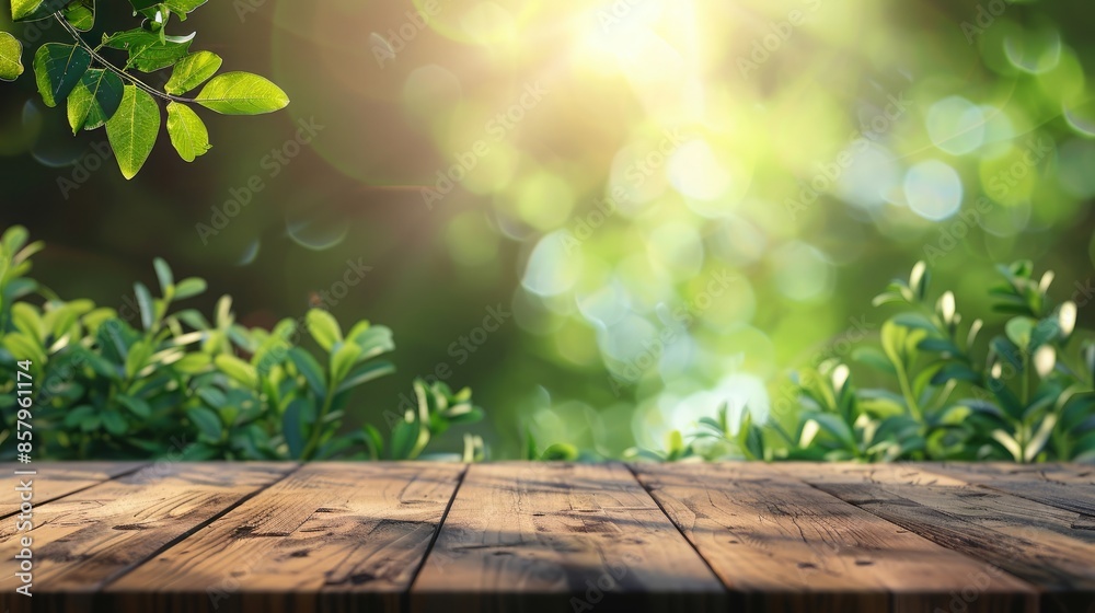 Wooden tabletop with blurred green background and subtle plant details