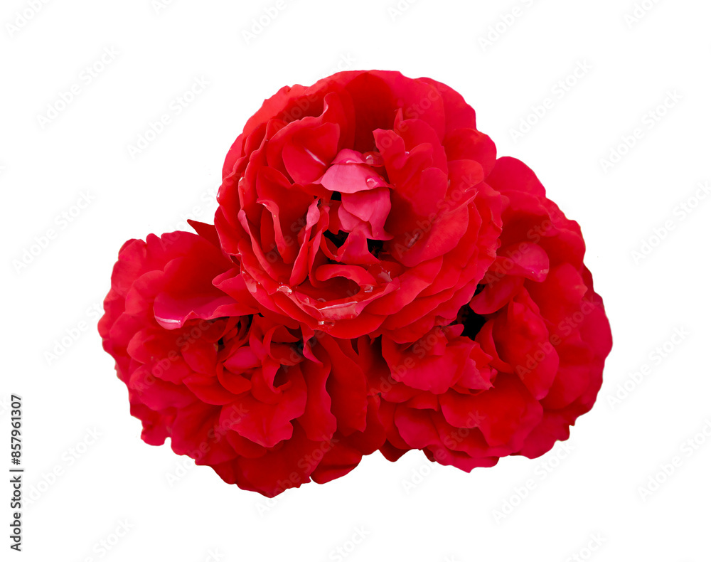 Three beautiful red roses growing together isolated
Three beautiful red roses growing together isolated