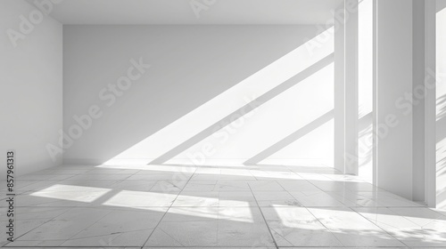 Minimalist white interior with sunlight casting sharp shadows on a tiled floor background