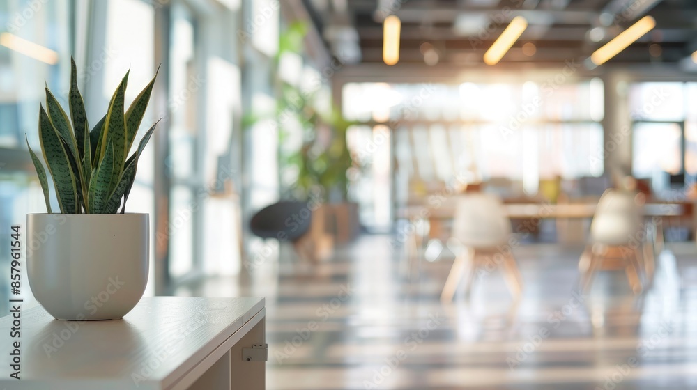 Bright open office space with glass partitions and indoor plants, blurred background Bright open office space with glass partitions and indoor plants, blurred background